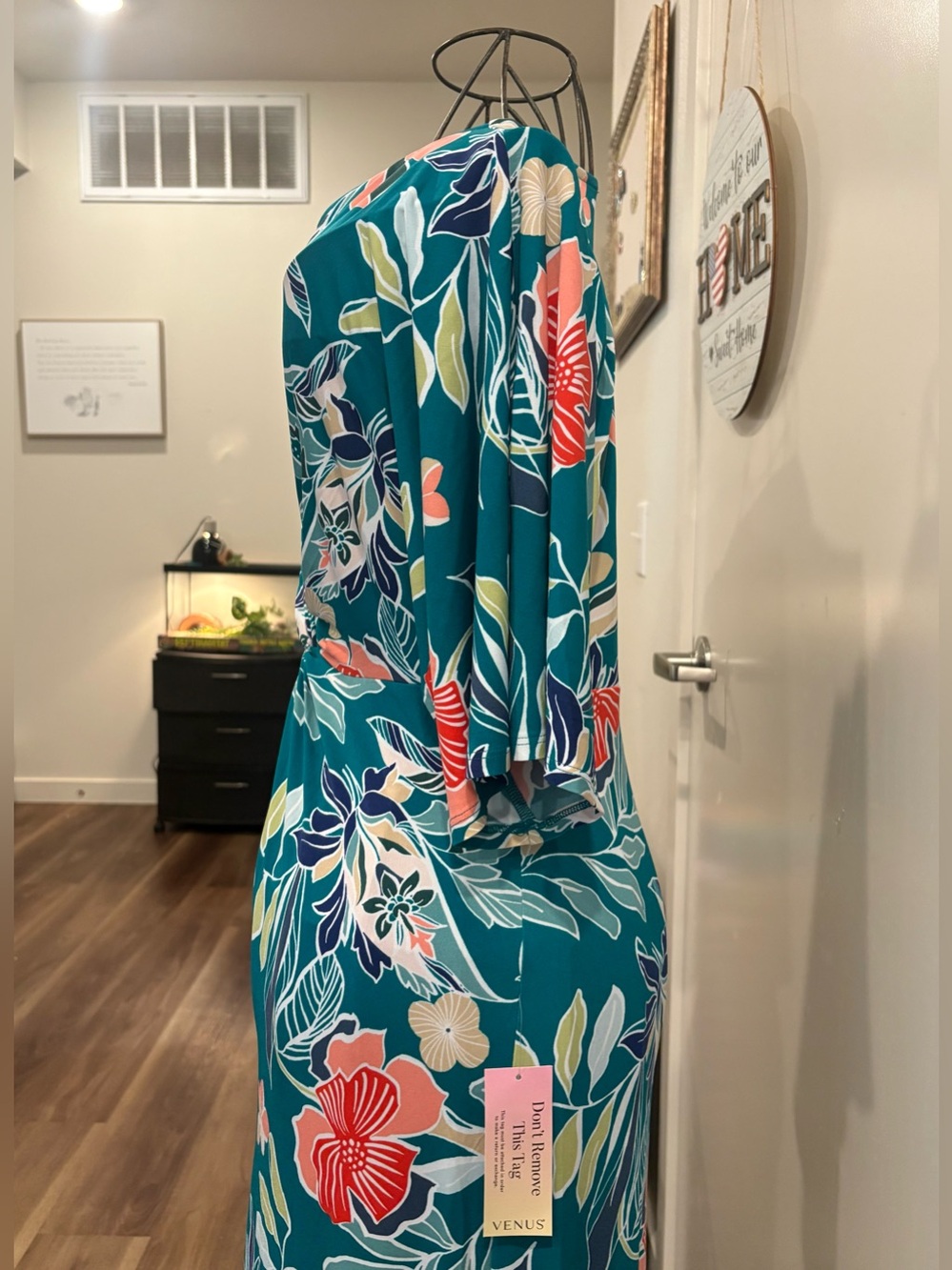 VENUS Teal Floral Knot-Waist Maxi Dress with Coral & Cream Blooms - Picture 10 of 10